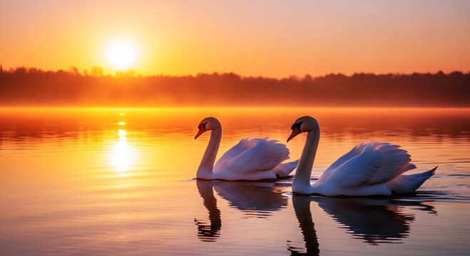 Two white swans glide on a lake at sunrise with orange sky and mist bird water