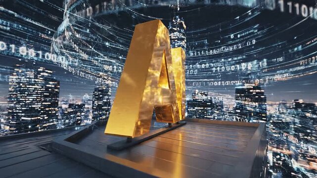 Golden ai logo standing on a modern skyscraper rooftop overlooking a digital city 4k video