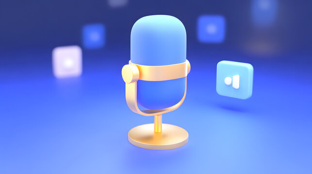 Gold and blue microphone illustration with floating audio waveform icons on blurred blue background.
