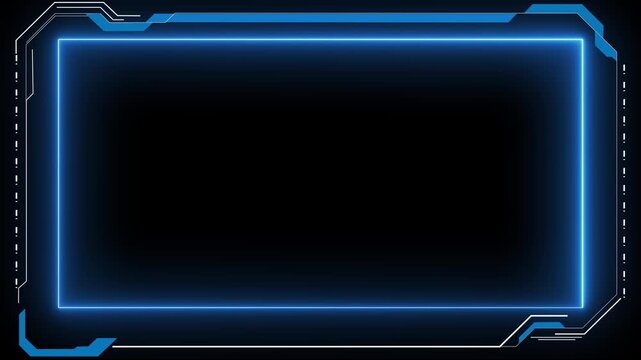 Neon moving hud, technology, animation, black screen. Futuristic video frame Digital plexus lines Hologram button, rotating circles,blue frame on black background.. Decorative glowing neon