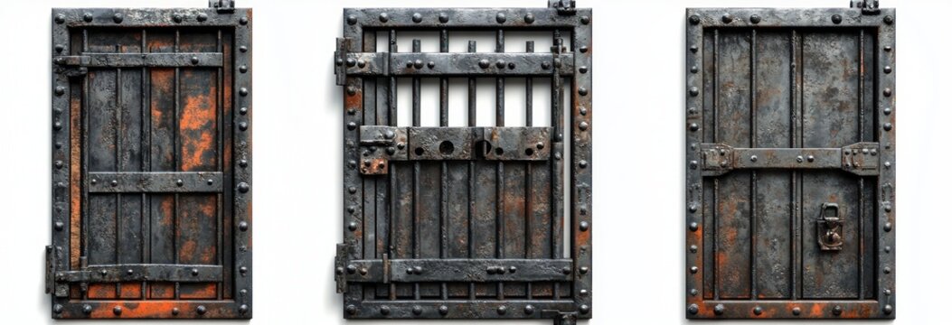 Three heavy rusted iron doors with rivets and braces, center barred gate, right door with padlock, weathered corroded metal textures conveying an ominous, foreboding atmosphere