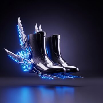 Sleek metallic boots levitating off the ground as mechanical components shift into aerodynamic wings with blue glowing energy pulses, innovation, boots, high-tech
