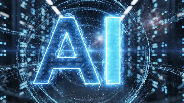 Isometric ai logo glowing in data center server room with digital network particles 4k video