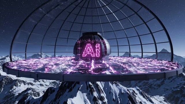 Glowing ai symbol on mountain observatory under starry night sky digital concept 4k video