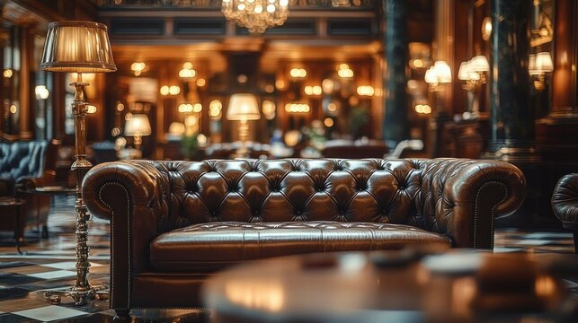 tufted leather sofa in an opulent vintage hotel lounge with brass floor lamps, chandeliers, checkered marble floor and a warm cozy inviting atmosphere
