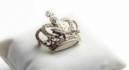 Naklejka premium A silver brooch in the shape of a crown rests on a white pillow indoors.
