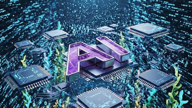 Glowing artificial intelligence logo floating above digital microchips in data space 4k video