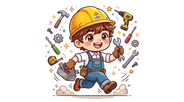 Adorable cartoon boy handyman happily running with toolbox and essential repair tools, ready for any fix-it project, cheerful builder character illustration