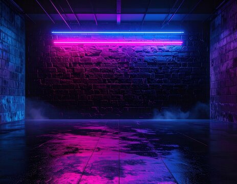 Habitaci&oacute;n oscura con luz de ne&oacute;n azul y rosa en pared de ladrillo, humo y piso mojado, ambiente futurista.
