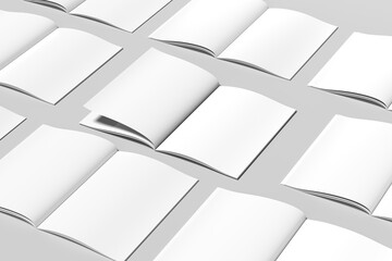 Minimalist mockup featuring multiple open magazine spreads with blank pages arranged on a clean neutral background. Ideal for showcasing editorial design, catalog layouts, brochures. © lavender