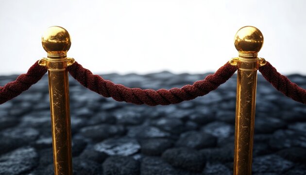 Two gold stanchions connected by a braided red velvet rope over dark cobblestone floor, evoking elegant exclusivity and formal anticipation