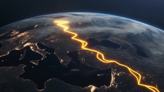 Glowing Energy Path Across Earth at Night Generative AI
