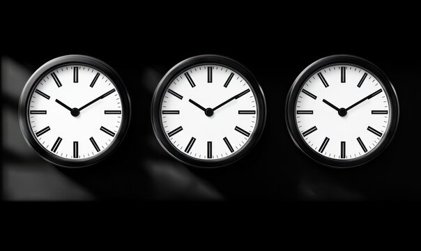 Three identical round wall clocks on a black background showing synchronized times, conveying precision, order and minimalist calm