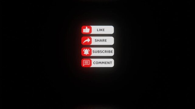 Underground neon lights tunnel like share subscribe comment buttons on dark background representing social media engagement and interaction