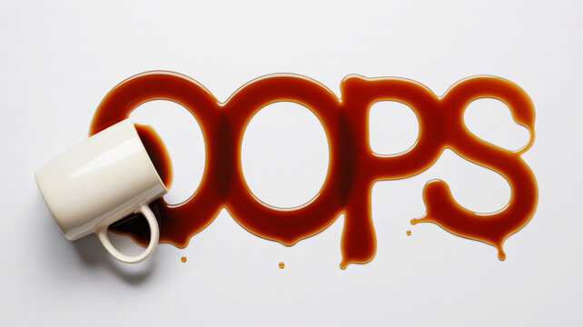 Spilled coffee from a white cup forming the word oops on white background
