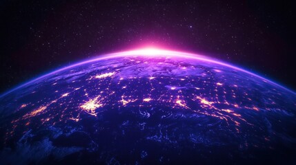 Obraz premium awe-inspiring cosmic dawn over earth with a purple-pink sunrise on the curved horizon, star-filled space and scattered bright city lights across the night side