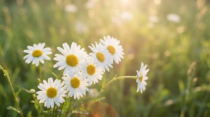 Fototapeta premium White Daisies In Sunlit Wildflower Meadow.