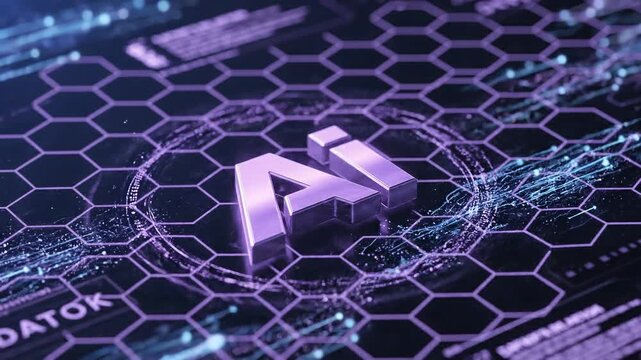 Extreme close up macro shot of glowing ai logo with futuristic digital grid background 4k video