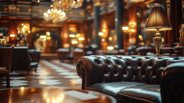 Opulent vintage hotel lounge with tufted leather sofa, warm ambient chandeliers, polished wood paneling, brass table lamp and checkered marble floor, cozy elegant atmosphere