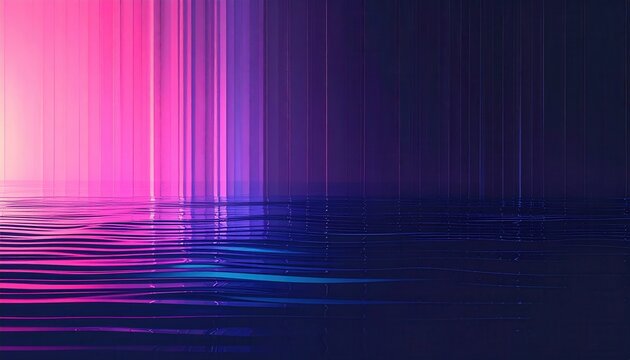 Fondo abstracto con vibrantes l&iacute;neas de luz verticales en tonos ne&oacute;n rosa, p&uacute;rpura y azul, reflej&aacute;ndose en una superficie oscura.