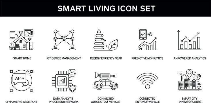 Smart living icon set with IoT devices AI analytics connected home automation smart city technology vector illustration