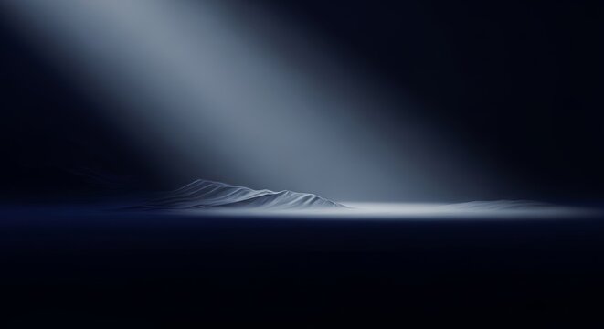 An expansive dark abyss featuring soft volumetric light rays that reveal deep shadows and a profound sense of solitude in a silent vacuum, light, depth, eerie