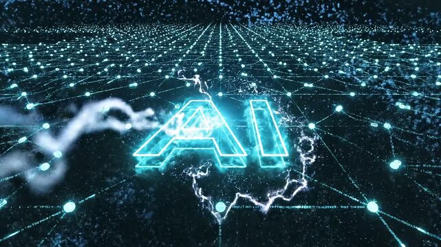Futuristic ai logo glowing in a dynamic digital grid with vibrant blue and teal lights 4k video