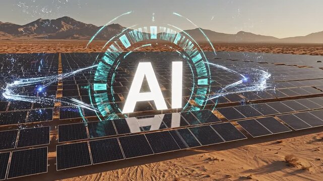 Ai logo scanning over futuristic solar panel array in desert landscape with dynamic effects 4k video