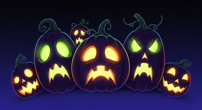 Cartoon style pumpkins with exaggerated faces glow in the dark on a blue background.