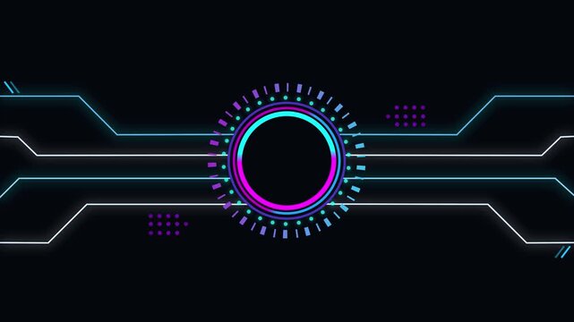 Render Neon HUD circle rotation of frame with shining effects on dark background. Hi-tech futuristic display. Neon glowing radar icon circuit animation. radial circular progress. Computer technology