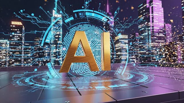 Golden ai text logo floating above futuristic cityscape with glowing digital data 4k video