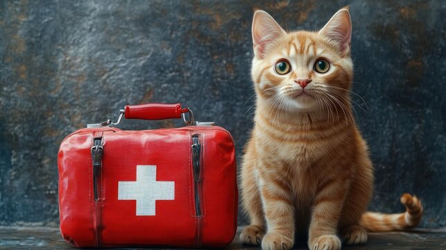 wide-eyed curious orange tabby kitten sitting beside a red first aid bag with white cross on a textured dark background