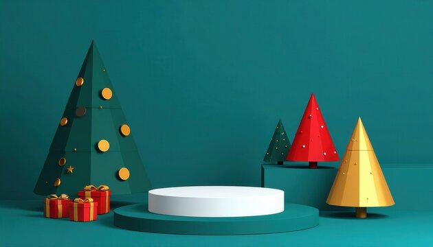 Escena navide&ntilde;a minimalista con podio blanco y &aacute;rboles geom&eacute;tricos de Navidad, ideal para exhibici&oacute;n de productos festivos.