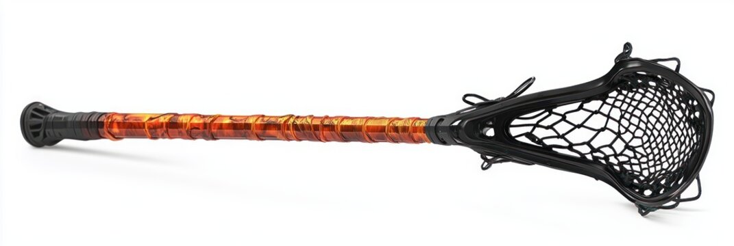 sleek black lacrosse stick with vibrant orange wrapped shaft and mesh pocket isolated on white, dynamic energetic modern sports equipment
