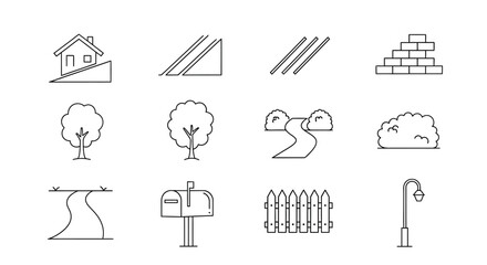 Fototapeta premium Collection of simple line icons for house, garden and landscape elements.