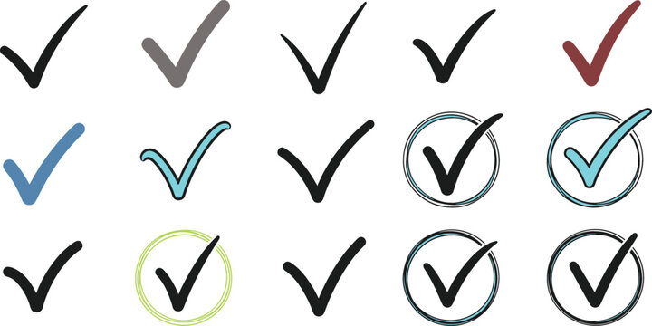 Comprehensive Check Mark and Tick Icon Set Featuring Minimalist Hand Drawn and Circled Symbols for Task Completion and Approval Designs
