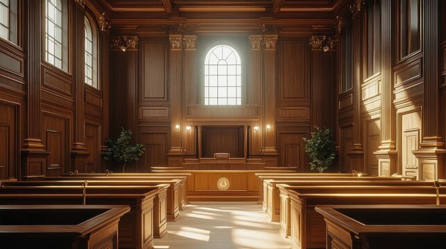 empty grand wood-paneled courtroom with judge bench, witness stand, rows of wooden benches, potted plants and tall arched window casting warm sunlight, solemn dignified mood