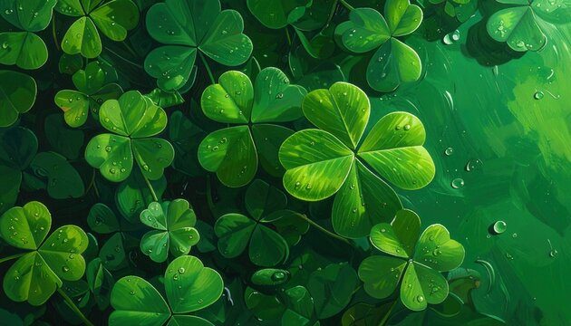 Nahaufnahme von saftig gr&uuml;nen Kleebl&auml;ttern mit glitzernden Tautropfen, ein Symbol f&uuml;r Gl&uuml;ck und Erfolg zum St. Patricks Day Hintergrundbild.