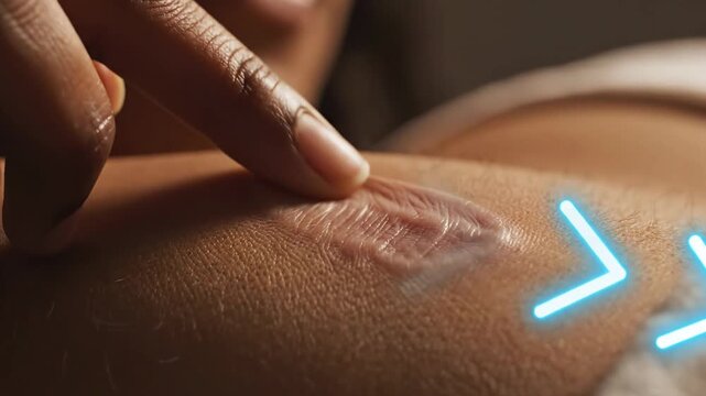 Close up of a woman touching a raised keloid scar on her skin for dermatology treatment concept.