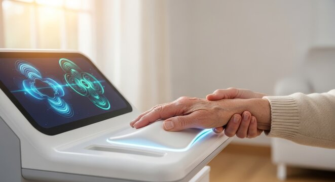 Futuristic healthcare machine holds a wrinkled hand with gentle care in a bright home. Warm sunlight fills the scene, with copy space, interior, sunbeams, help