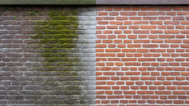 Half moss covered grey brick wall next to clean red brick wall.