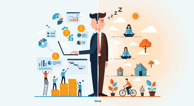 Businessman Balancing Work and Life, Illustrating Work-Life Balance Concept.