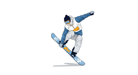 Fototapeta premium Realistic Snowboarder Performing Extreme Freestyle Jump Isolated on White Background, Professional Winter Sports Athlete Illustration for Outdoor Adventure, Recreation, and Action Design Projects