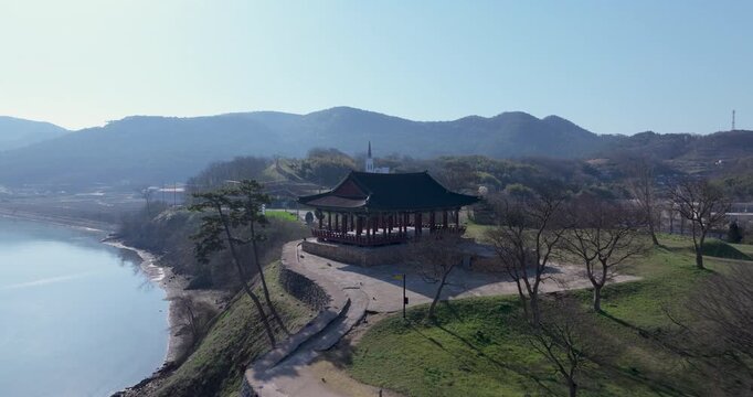 Aerial Drone Footage of Peaceful Ocheon Port and Chungcheong Suyeongseong Fortress, Boryeong, South Korea
