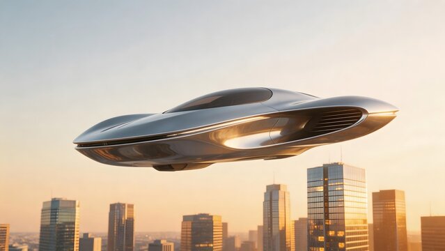 Futuristic flying vehicle over city