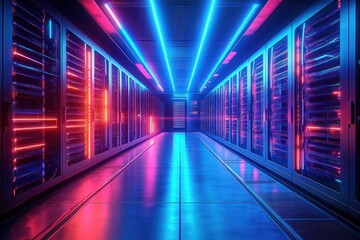 Fototapeta premium symmetrical neon-lit data center corridor with rows of glowing server racks and reflective floor, futuristic vibrant atmosphere