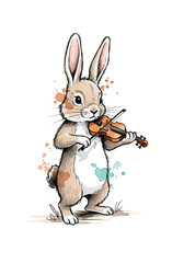 Fototapeta premium Whimsical Rabbit Musician Playing Violin Watercolor Storybook Illustration