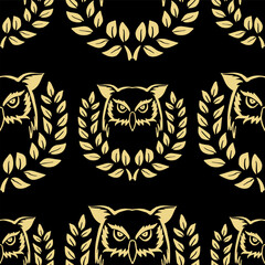 Fototapeta premium Owl seamless pattern with gold laurel wreath.