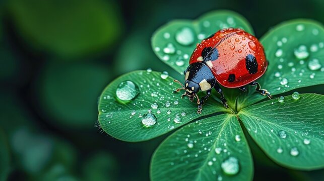 close-up of a red ladybug with black spots crawling on dewy green clover leaves with sparkling water droplets, evoking peaceful morning freshness