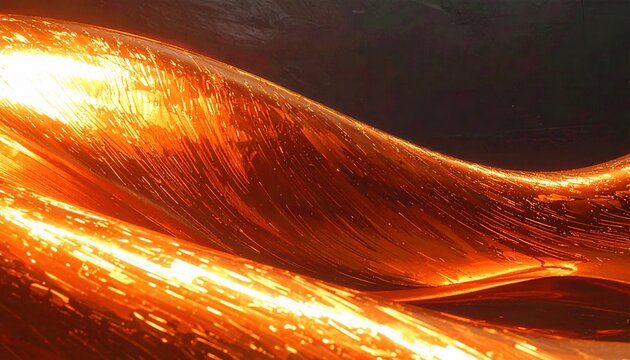 Eine abstrakte Nahaufnahme von fl&uuml;ssiger Lava, die wie eine gl&uuml;hende Welle aus Feuer und geschmolzenem Gestein durch die Dunkelheit flie&szlig;t.